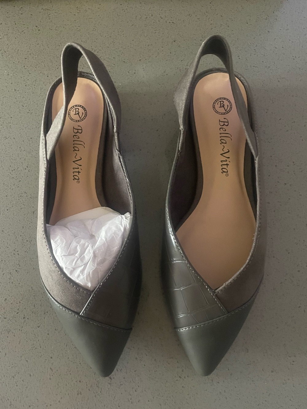 Bella Vita Olive Pointed Slingback Flats with Croc-Textured Toe